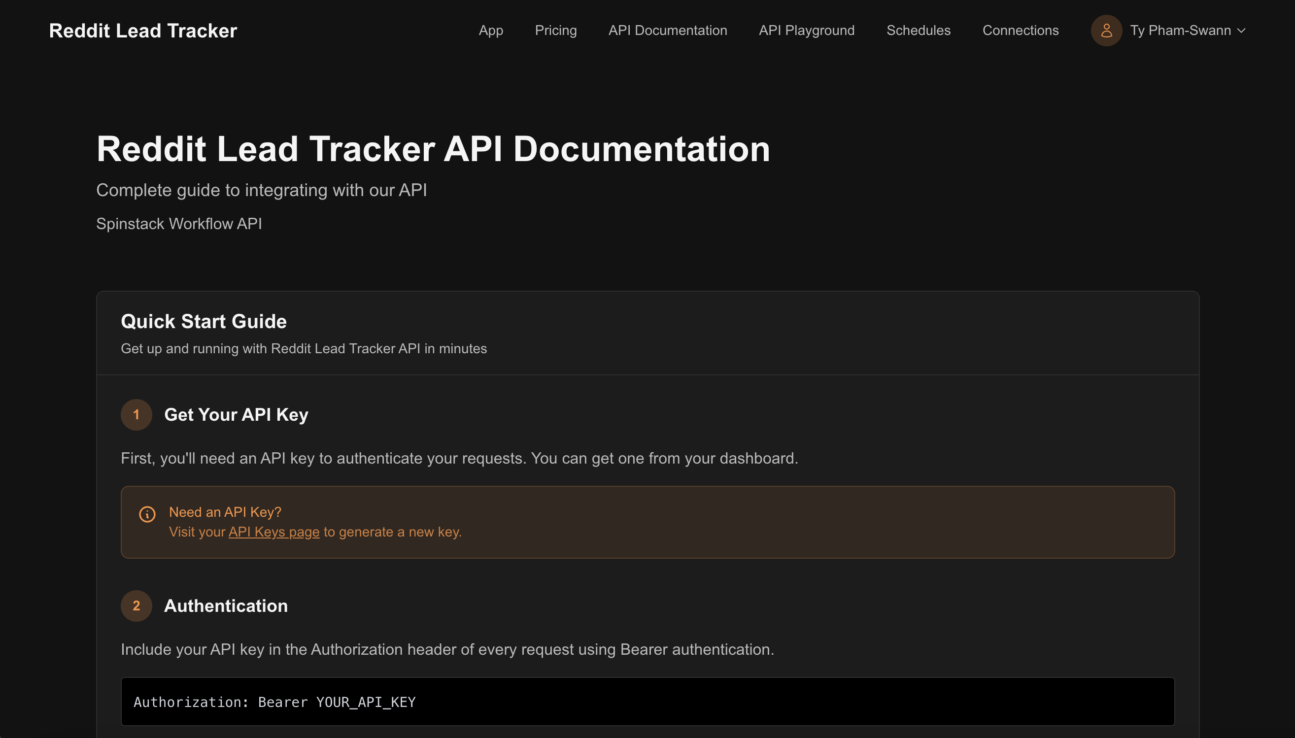 The API Documentation page showing a quick-start guide and authentication instructions