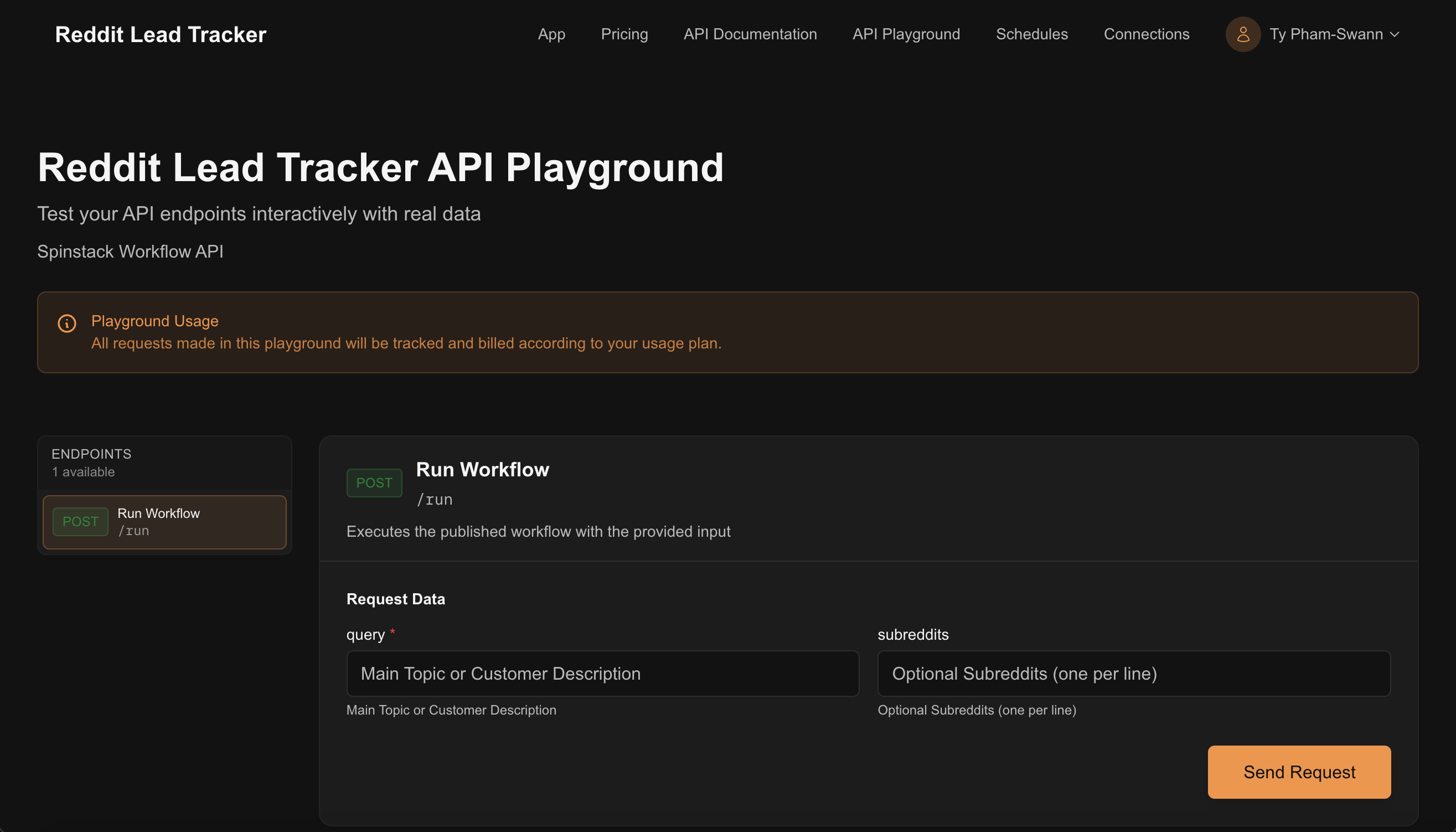 The API Playground showing a POST /run endpoint with input fields and a Send Request button