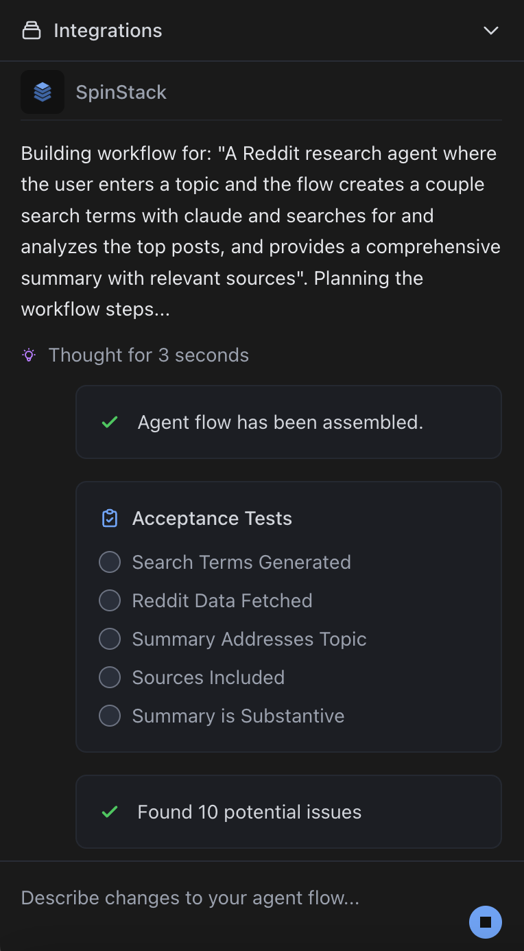 The chat panel confirming the agent has been assembled and listing the automatic tests about to run